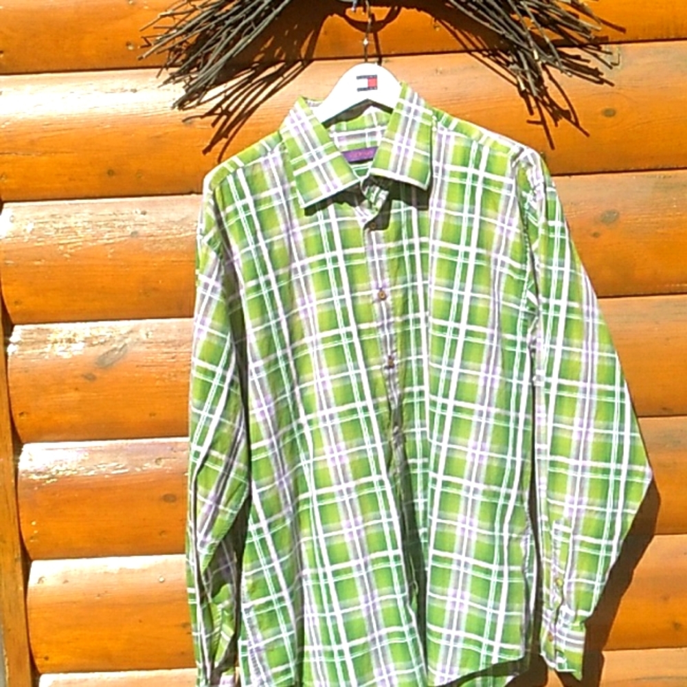 Kuhlman Green & Purple  Preppy Plaid Kuhlman Dress Shirt VNC